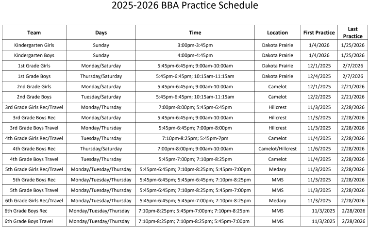 2025-2026 BBA Schedule