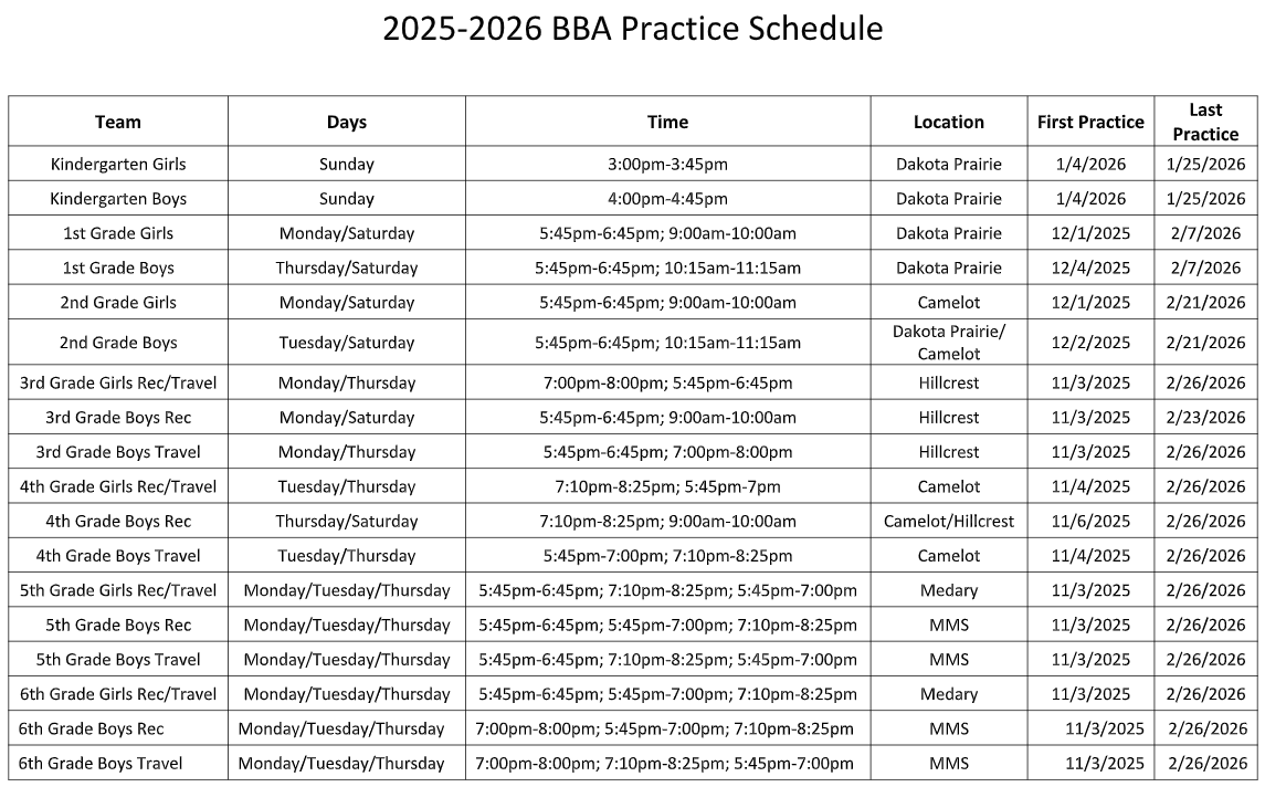 2025-2026 Winter BBA Schedule